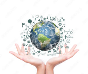 photo of the earth surrounded by thought icons being held by 2 hands
